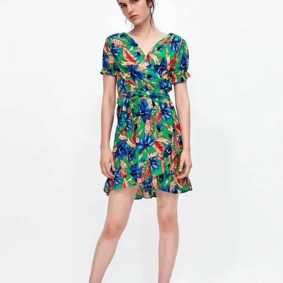 New Zara Floral Dress Wrap Mini Ruffles Bright Green Red Blue Vacation Tropical - Picture 8 of 9